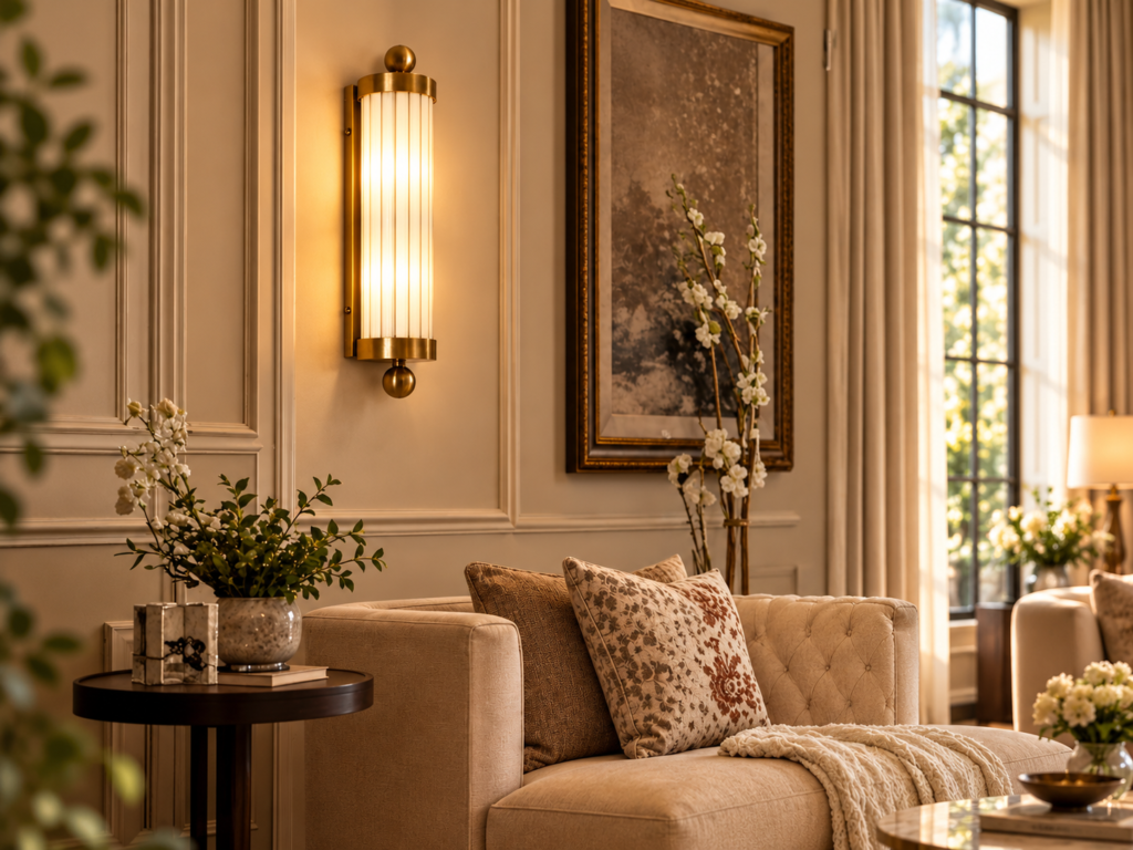 Art Deco brass wall sconce in a warm elegant living room interior