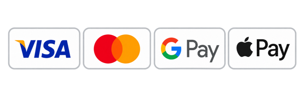 Accepted payment methods: Visa, Mastercard, Google Pay and Apple Pay