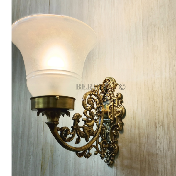 Pair of Antique Brass Victorian Wall Lamps with Frosted Glass Shades | Ornate Vintage Sconces